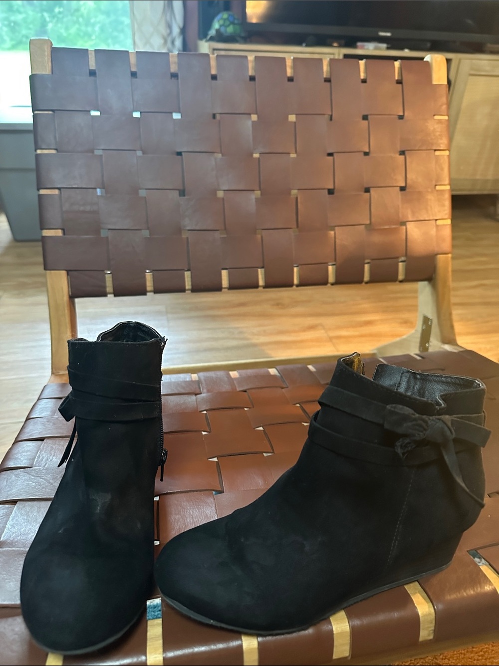 MIA Black Suede Ankle Wedge Booties with Wrap Tie